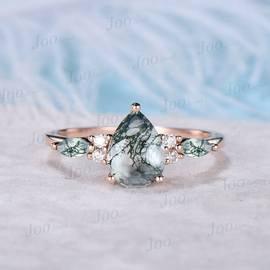 Unique 1.25ct Natural Moss Agate Ring Rose Gold Pear Cut Moss Agate Engagement Ring Green Agate Promise Ring Moissanite Wedding Ring Women