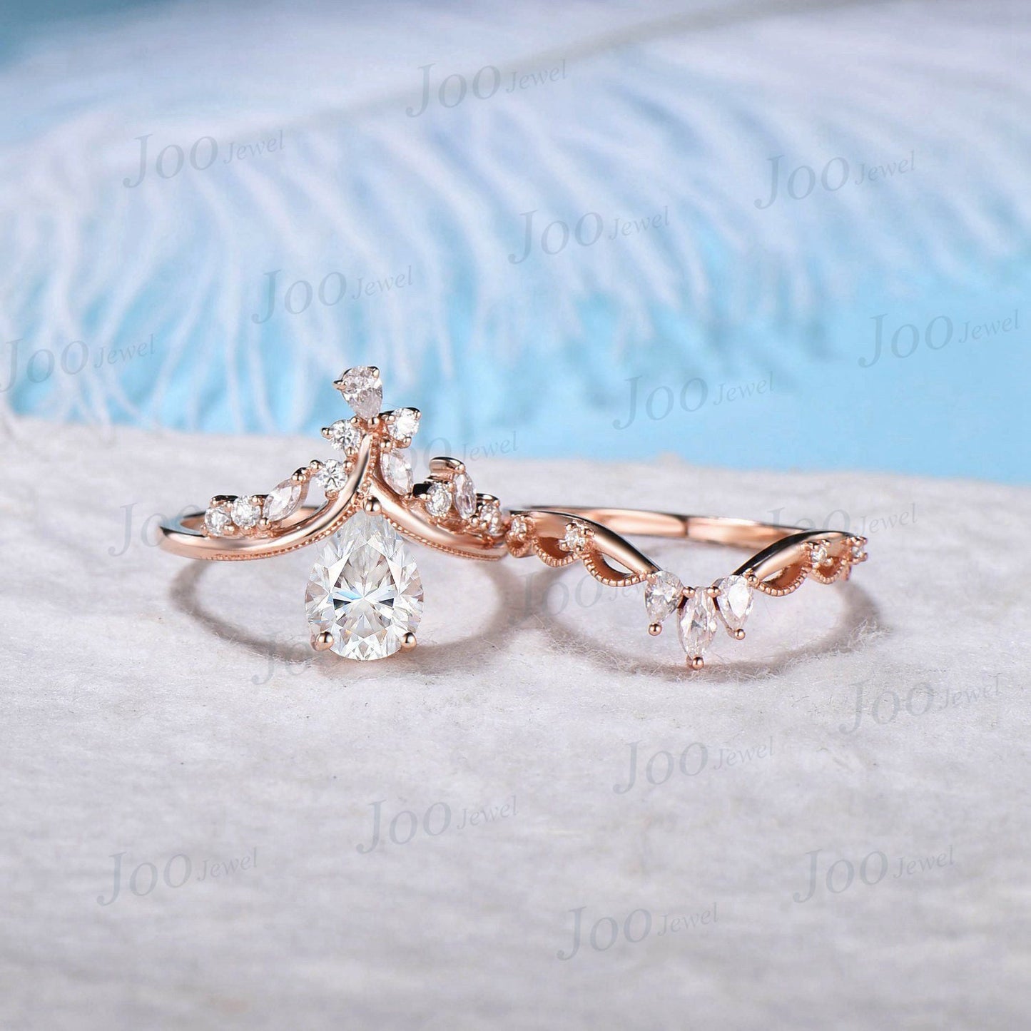 1.25ct Vintage Moissanite Engagement Ring Pear Shaped Art Deco Engagement Ring Cocktail Moissanite Rings 14K Rose Gold Wedding Bridal Set