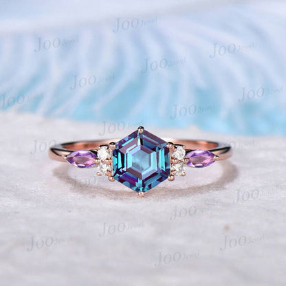 Hexagon Engagement Ring Alexandrite Ring Vintage Promise Ring Color Change Personalized Birthday Anniversary Gift Women June Birthstone Ring