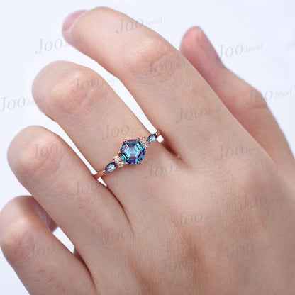 Hexagon Engagement Ring Alexandrite Ring Vintage Promise Ring Color Change Personalized Birthday Anniversary Gift Women June Birthstone Ring