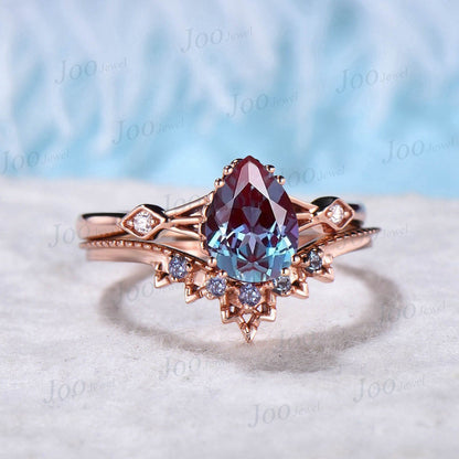 1.25ct Pear Shaped Alexandrite Ring Set Moissanite Ring Milgrain Alexandrite Wedding Band June Birthstone Ring Color Change Engagement Ring