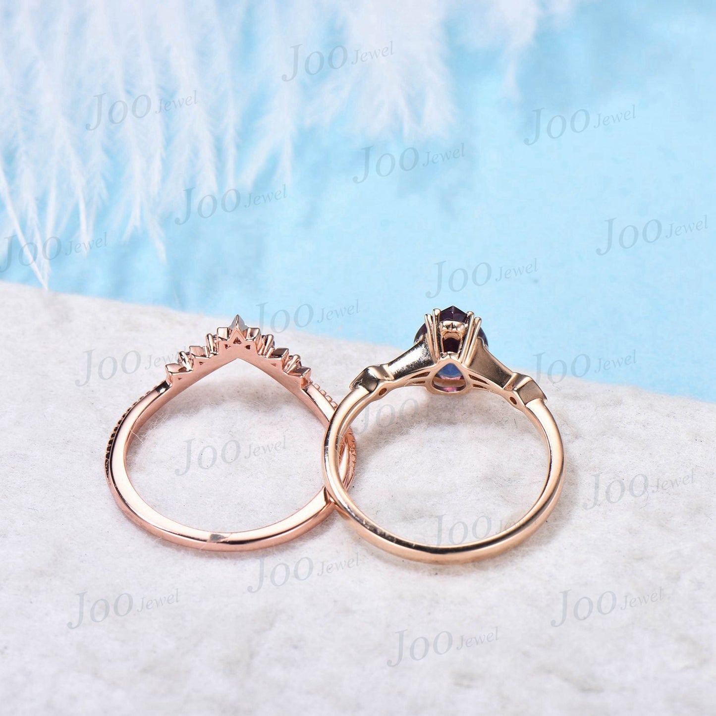 1.25ct Pear Shaped Alexandrite Ring Set Moissanite Ring Milgrain Alexandrite Wedding Band June Birthstone Ring Color Change Engagement Ring