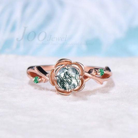 Nature Inspired Moss Agate Twig Ring Rose Flower Moss Agate Engagement Rings 14K Rose Gold Green Emerald Floral Ring Unique Wedding Gifts