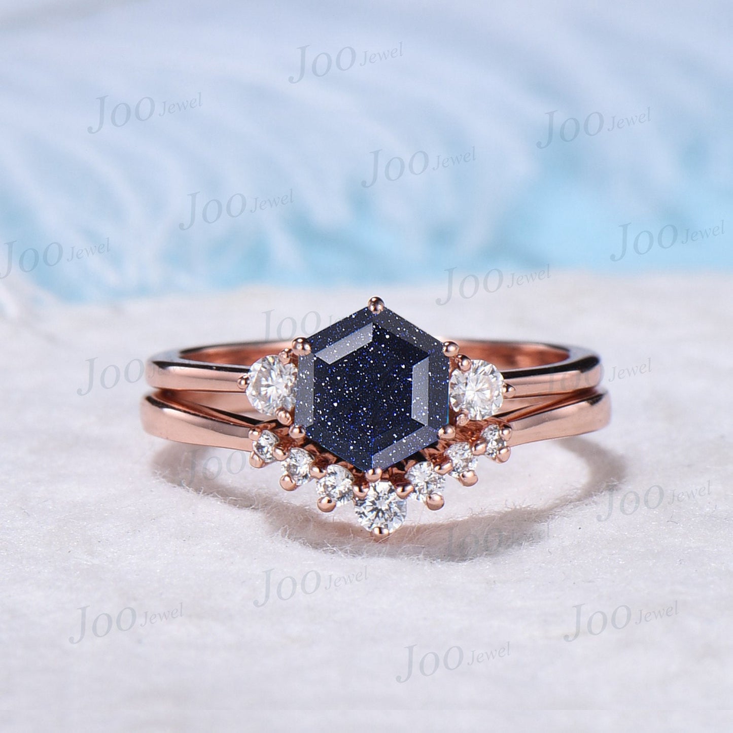 Galaxy Hexagon Blue Sandstone Engagement Ring Set For Women Planet Ring Star Blue Stone Art Deco White Gold Round Moissanite Wedding Rings