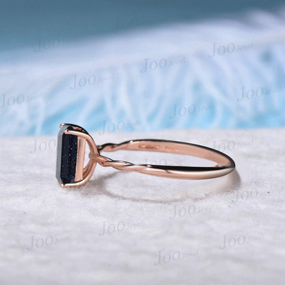 Emerald Cut Starry Sky Blue Sandstone Solitaire Wedding Ring Rose Gold Twisted Band Ring Simple Promise Anniversary Ring Blue Gemstone Ring