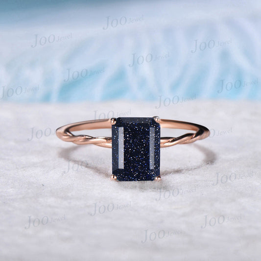 Emerald Cut Starry Sky Blue Sandstone Solitaire Wedding Ring Rose Gold Twisted Band Ring Simple Promise Anniversary Ring Blue Gemstone Ring