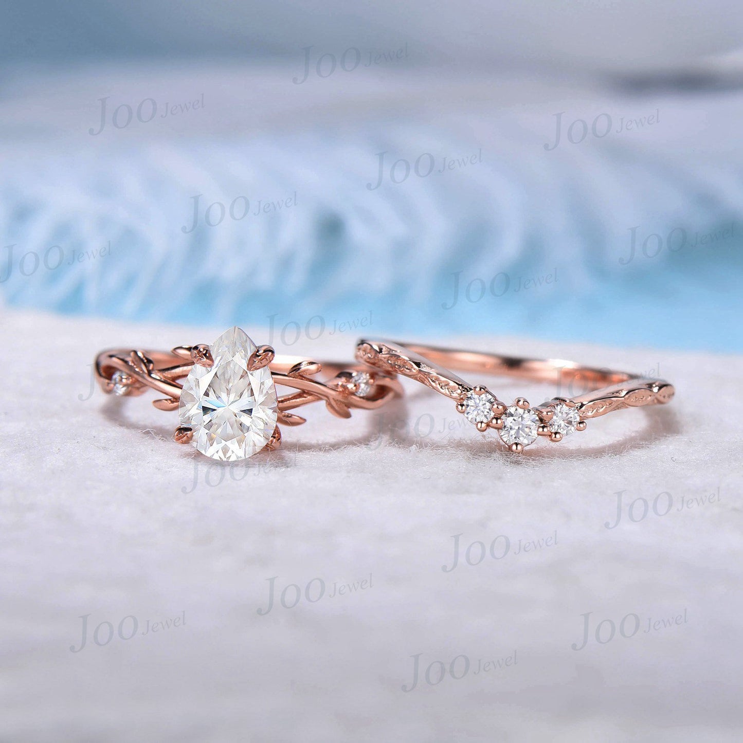 Nature Inspired Moissanite Engagement Ring Set 1.25ct Pear Shaped Diamond Twig Wedding Bridal Set Anniversary Gift for Her Leaf Branch Ring