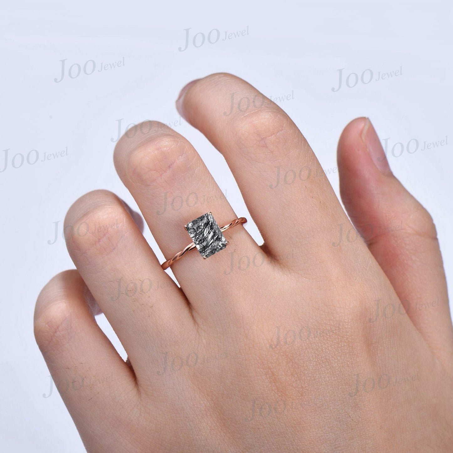 Emerald Cut Solitaire Wedding Ring 10K Rose Gold Natural Black Rutilated Quartz Engagement Ring Twist Band Crystal Ring Unique Promise Ring