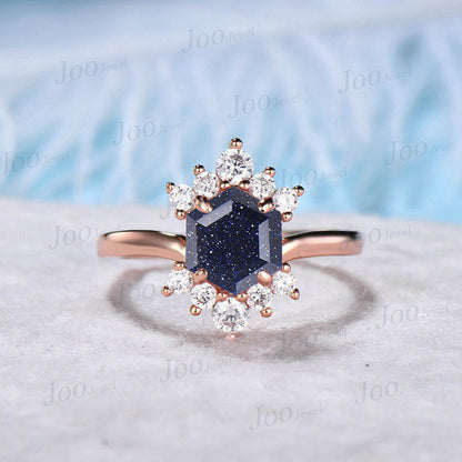 3pc Starry Sky Blue Sandstone Cluster Bridal Set Hexagon Cut Blue Goldstone Solitaire Engagement Ring Milgrain Moissanite Open Wedding Band