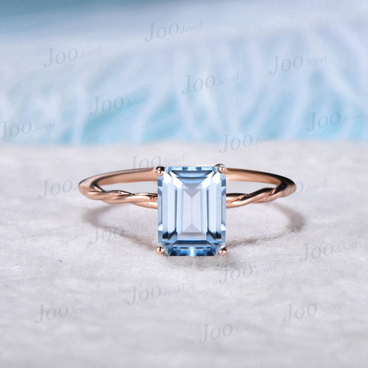2ct Emerald Cut 10K Rose Gold Blue Aquamarine Solitaire Ring March Birthstone Wedding Ring Twist Band Ring Unique Anniversary/Promise Ring