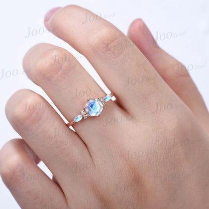 1ct Hexagon Cut Natural Rainbow Moonstone Engagement Rings Rose Gold Moissanite Moonstone Wedding Ring June Birthstone Jewelry Birthday Gift