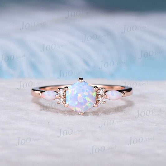 1ct Hexagon White Opal Engagement Rings Rose Gold Moissanite Opal Wedding Ring October Birthstone Jewelry Unique Birthday/Anniversary Gifts