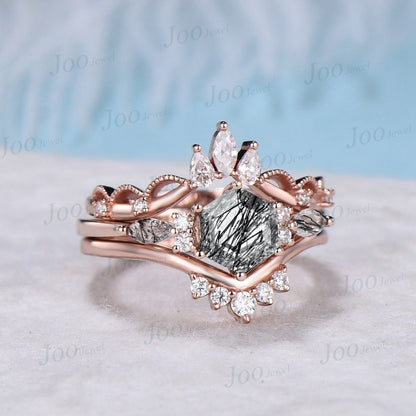 3pcs Hexagon Cut Black Rutilated Quartz Engagement Ring Set Vintage 1ct 10K Rose Gold Black Rutile Crystal Ring Unique Wedding Gift Women