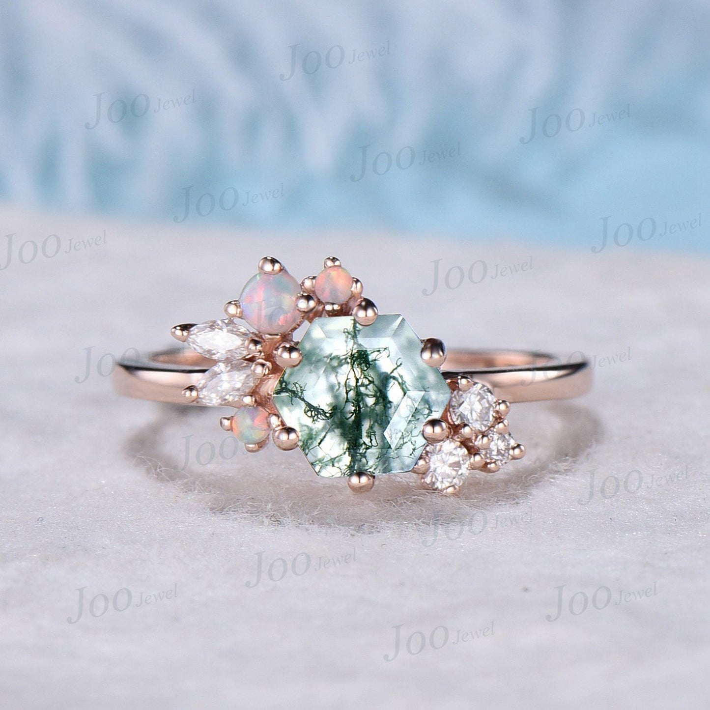 Hexagon Cluster Natural Green Moss Agate Engagement Ring 14k Rose Gold Moissanite White Opal Wedding Ring October Birthstone Birthday Gifts