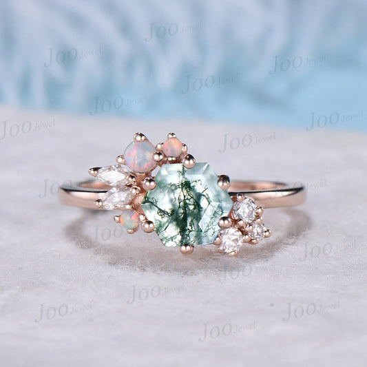 Hexagon Cluster Natural Green Moss Agate Engagement Ring 14k Rose Gold Moissanite White Opal Wedding Ring October Birthstone Birthday Gifts