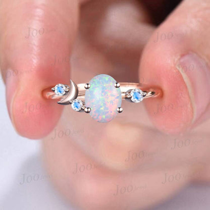 Crescent Moon Ring 10K Rose Gold White Opal Moon Engagement Ring Natural Moonstone Celestial Wedding Ring Moon Phase Moon of My Life Ring