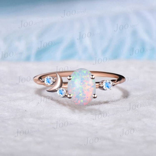 Crescent Moon Ring 10K Rose Gold White Opal Moon Engagement Ring Natural Moonstone Celestial Wedding Ring Moon Phase Moon of My Life Ring