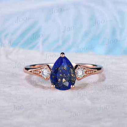 1.25ct Pear Shaped Natural Lapis Lazuli Solitaire Ring Set 14K Rose Gold Blue Sapphire Milgrain Wedding Ring Blue Lapis Jewelry Antique Gift