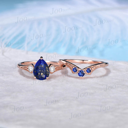 1.25ct Pear Shaped Natural Lapis Lazuli Solitaire Ring Set 14K Rose Gold Blue Sapphire Milgrain Wedding Ring Blue Lapis Jewelry Antique Gift