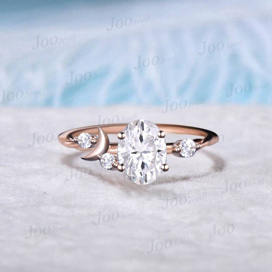 Moon Wedding Ring 1.5ct Dainty Oval Cut Moissanite Engagement Ring Crescent Moon Cluster Moissanite Diamond Ring Anniversary Gift for Women