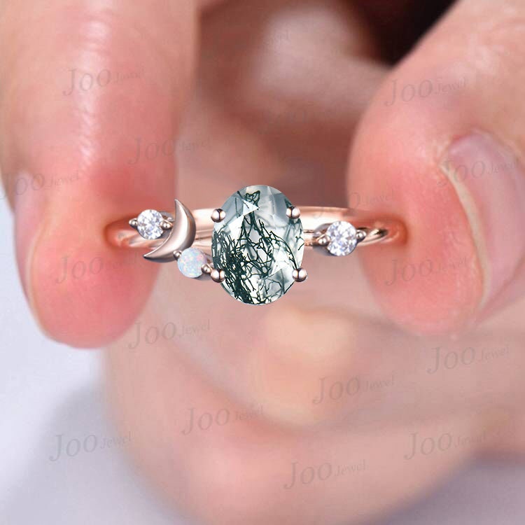 Moon Engagement Ring 10K Rose Gold Oval Cut Natural Moss Agate Ring Cluster Opal Moissanite Celestial Wedding Ring Half Moon Moon Magic Ring