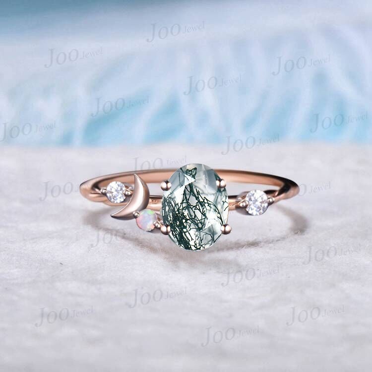 Moon Engagement Ring 10K Rose Gold Oval Cut Natural Moss Agate Ring Cluster Opal Moissanite Celestial Wedding Ring Half Moon Moon Magic Ring