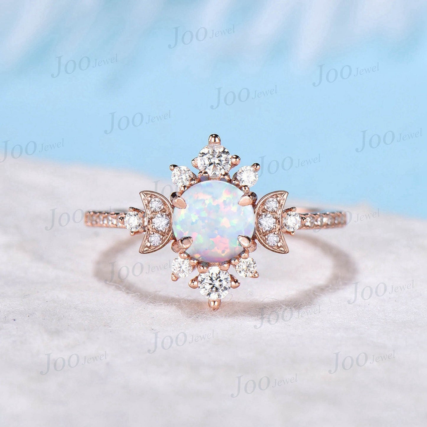 Celestial Opal Engagement Ring Crescent Moon Ring Round Cut Opal Engagement Ring Women Moissanite Wedding Ring Promise Ring Moon Phase Ring