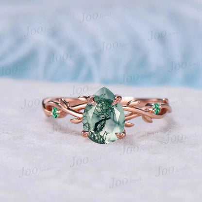 Nature Inspired Moss Agate Bridal Set 10K White Gold 1.25ct Pear Moss Agate Engagement Ring Branch Vine Green Emerald Twig Wedding Ring Set