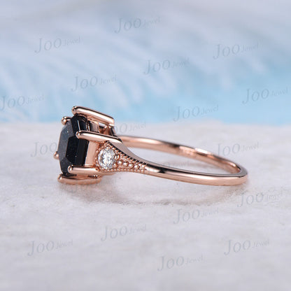 Hexagon Galaxy Blue Goldstone Ring 14k Rose Gold Blue Sandstone Milgrain Engagement Rings Three Stone Ring Unique Anniversary/Promise Gift