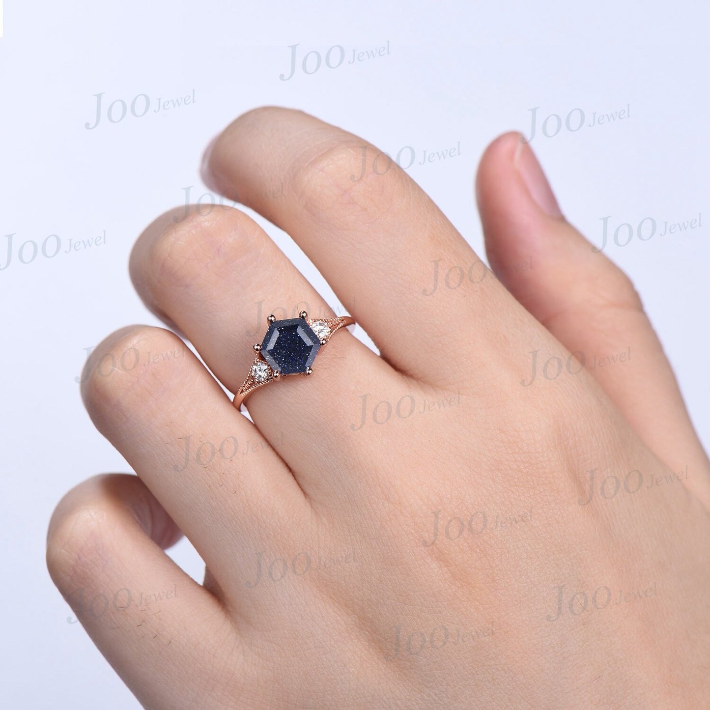 Hexagon Galaxy Blue Goldstone Ring 14k Rose Gold Blue Sandstone Milgrain Engagement Rings Three Stone Ring Unique Anniversary/Promise Gift