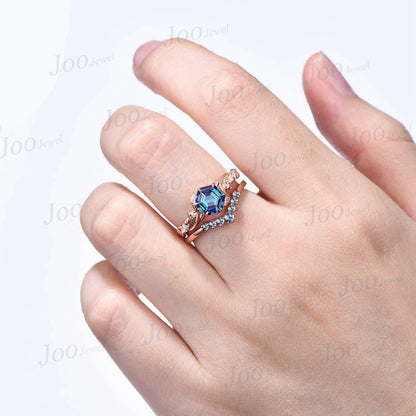 1ct Hexagon Cut Nature Inspired Alternative Alexandrite Engagement Ring Set Vine Branch Twig Moissanite Ring Unique Anniversary Bridal Ring