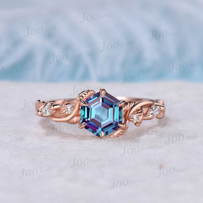 1ct Hexagon Cut Nature Inspired Alternative Alexandrite Engagement Ring Set Vine Branch Twig Moissanite Ring Unique Anniversary Bridal Ring