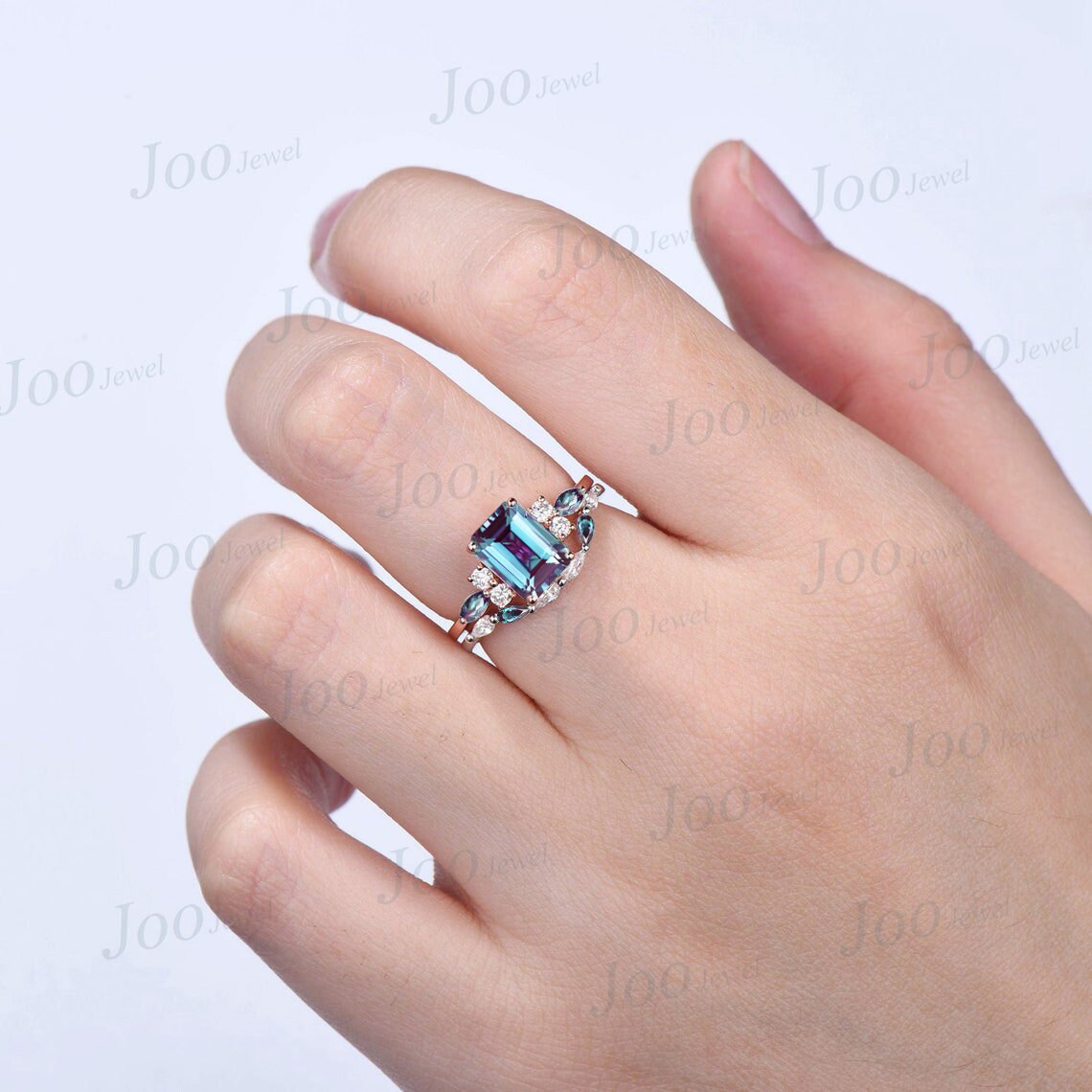 2ct Emerald Cut Alexandrite Ring Set Vintage Alexandrite Moissanite Wedding Band Unique Promise Ring Personalized June Birthstone Ring Gift