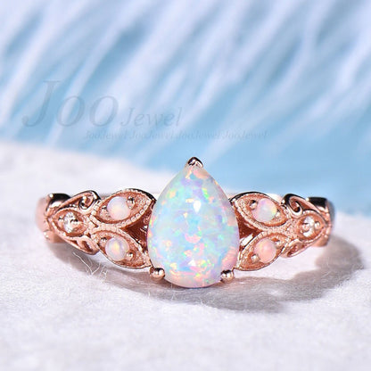 Nature Inspired 1.25ct Pear Shaped White Opal Engagement Ring 14K Rose Gold Milgrain Vintage Flower Leaf Branch Opal Wedding Ring For Women