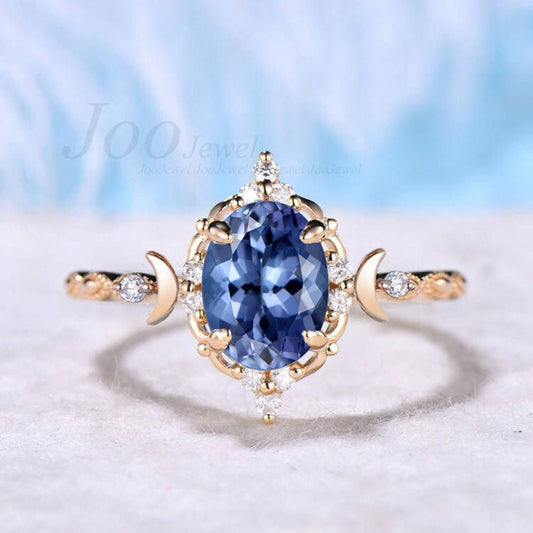 Moon Engagement Ring Oval Real Tanzanite Engagement Ring 10K Yellow Gold Vintage Lace Milgrain Moissanite Ring Celestial Moon Tanzanite Ring
