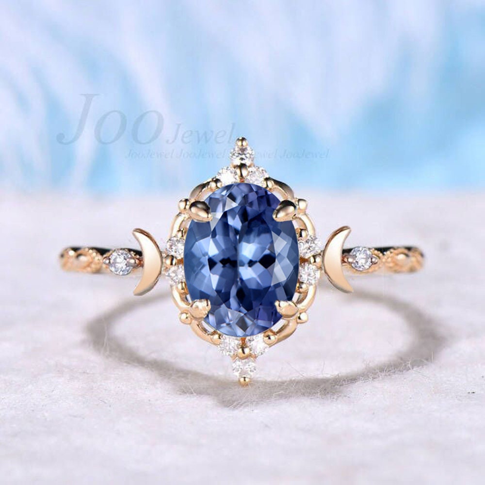 Moon Engagement Ring Oval Real Tanzanite Engagement Ring 10K Yellow Gold Vintage Lace Milgrain Moissanite Ring Celestial Moon Tanzanite Ring