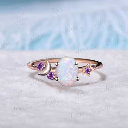 Moon Star Engagement Ring 1.5ct Oval Cut White Opal Cluster Wedding Ring 10K Rose Gold Purple Amethyst Crystal Celestial Ring Promise Ring