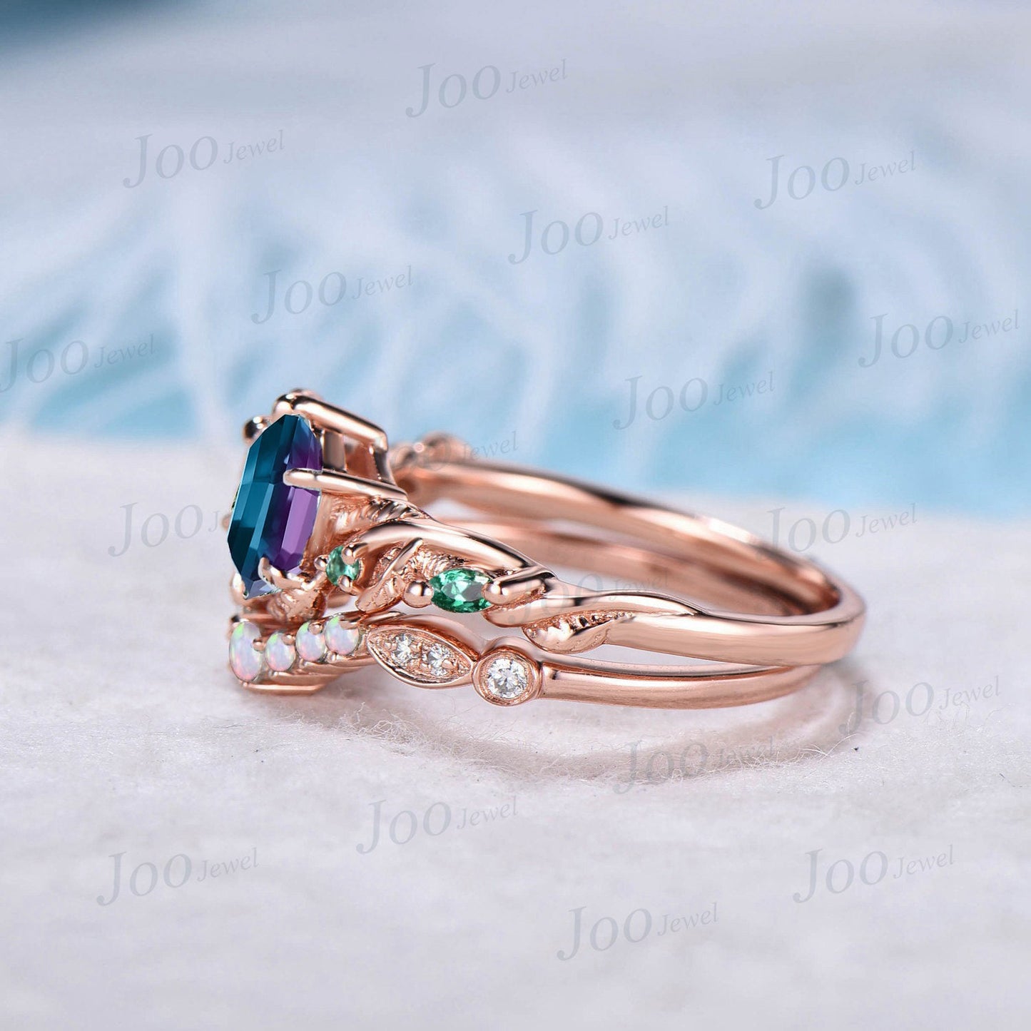 Natural Inspired Leaf Alexandrite Ring Set 10K Rose Gold Twist Vine Engagement Ring Unique Emerald Opal Wedding Ring Set Women Branch Ring