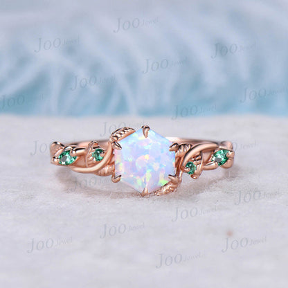 Nature Inspired Twig Opal Ring Set 10K Rose Gold Hexagon Opal Branch Engagement Ring Emerald Wedding Ring October Birthstone Birthday Gifts