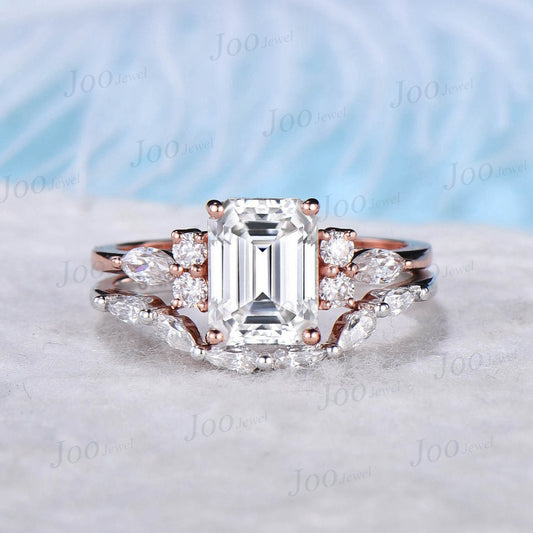 Emerald Cut Moissanite Engagement Ring Set Vintage Unique Moissanite Bridal Set 10K Rose Gold Cluster Diamond Wedding Ring Pear Curved Band