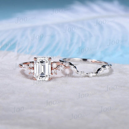 Emerald Cut Moissanite Engagement Ring Set Vintage Unique Moissanite Bridal Set 10K Rose Gold Cluster Diamond Wedding Ring Pear Curved Band