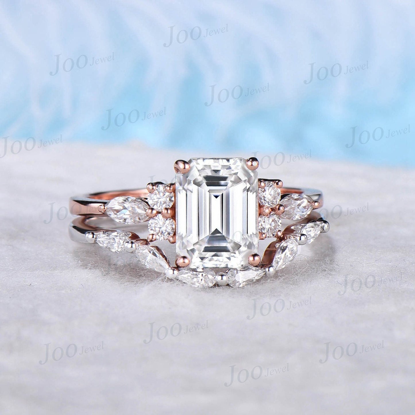 Emerald Cut Moissanite Engagement Ring Set Vintage Unique Moissanite Bridal Set 10K Rose Gold Cluster Diamond Wedding Ring Pear Curved Band