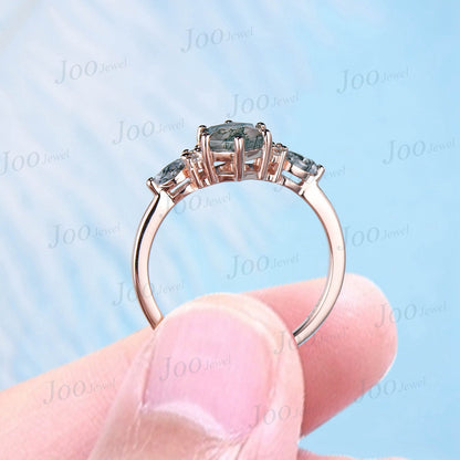 1ct Hexagon Cut Natural Moss Agate Engagement Rings 14k Rose Gold Cluster Aquatic Agate Promise Ring Marquise Moss Moissanite Wedding Ring
