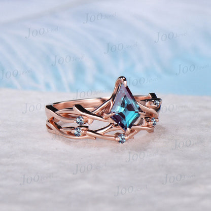 Nature Inspired Color-Change Alexandrite Twig Engagement Ring 10K Rose Gold Kite Alexandrite Ring Set Alexandrite Vine Branch Wedding Ring