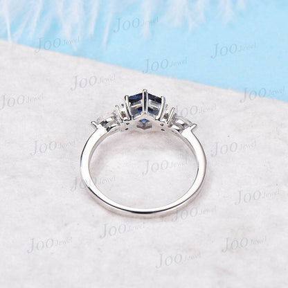 Sterling Silver 1ct Hexagon Cut Blue Sapphire Engagement Rings Vintage Blue Moonstone Opal Wedding Ring September Birthstone Birthday Gifts