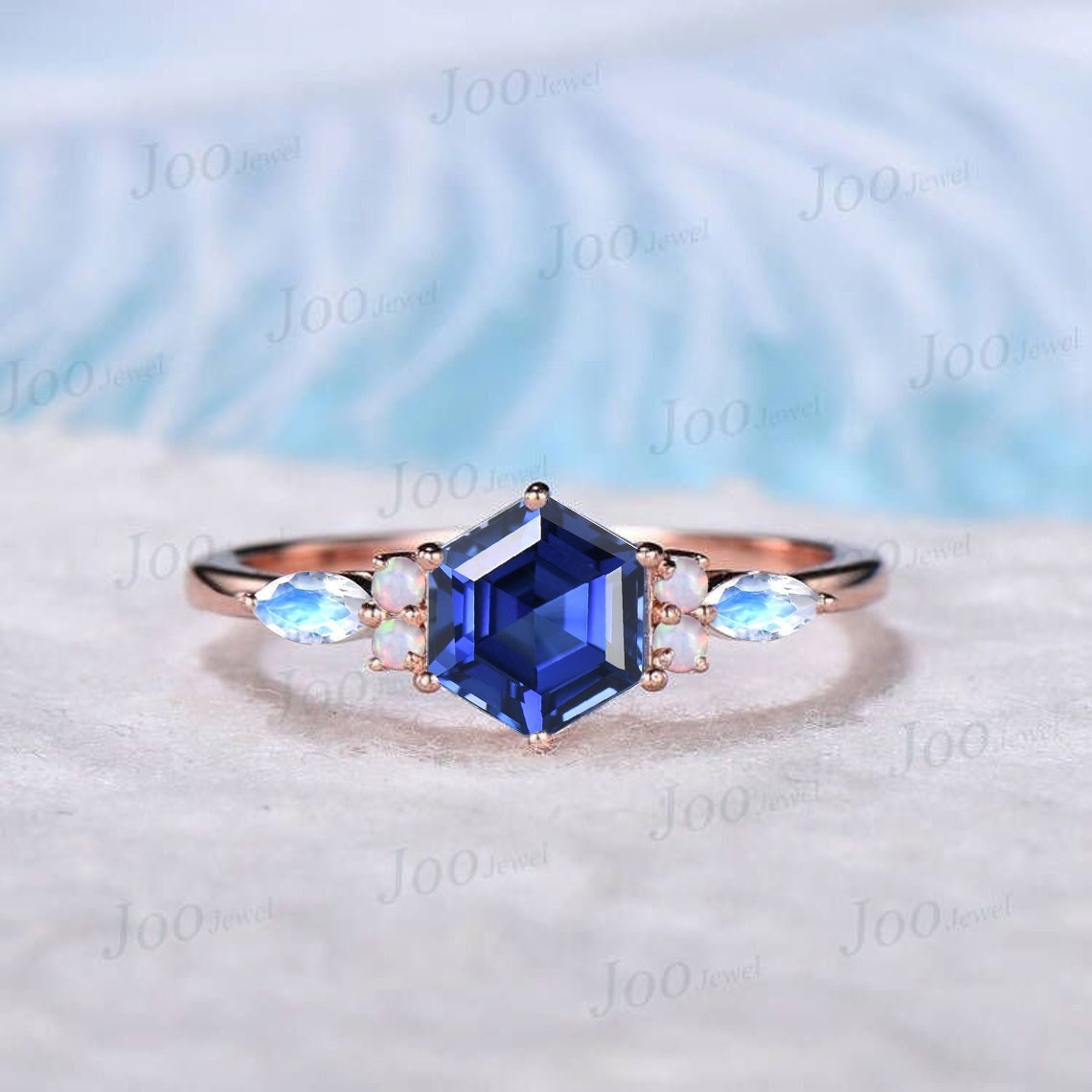 Sterling Silver 1ct Hexagon Cut Blue Sapphire Engagement Rings Vintage Blue Moonstone Opal Wedding Ring September Birthstone Birthday Gifts