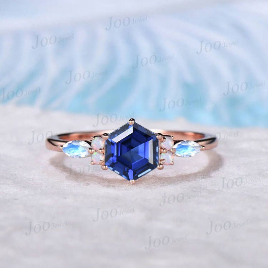 Sterling Silver 1ct Hexagon Cut Blue Sapphire Engagement Rings Vintage Blue Moonstone Opal Wedding Ring September Birthstone Birthday Gifts