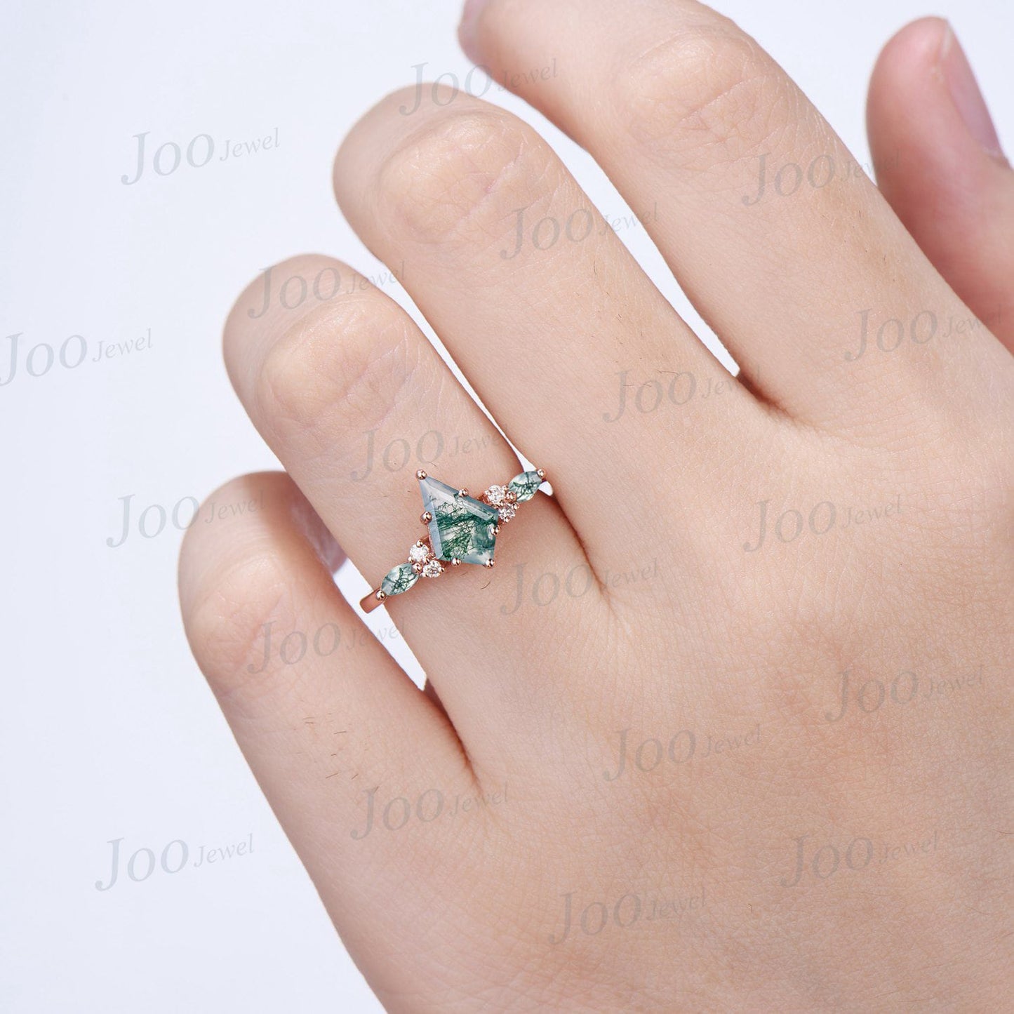 1ct Kite Cut Green Moss Agate Engagement Rings 6 Prong Cluster Aquatic Agate Promise Ring Unique Marquise Moss Agate Moissanite Wedding Ring