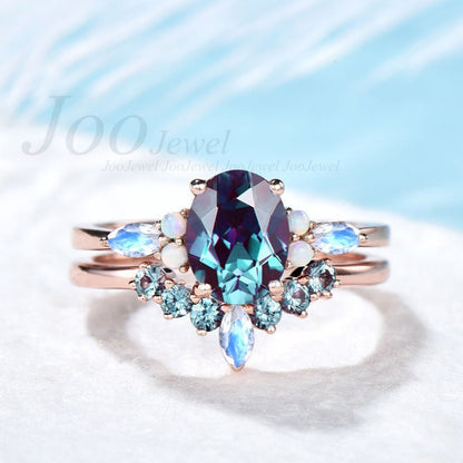 1.5ct Alexandrite Engagement Ring Set Vintage 14k Rose Gold Moonstone Ring Set For Women White Opal Ring Oval Cut Bridal Ring Set Jewelry