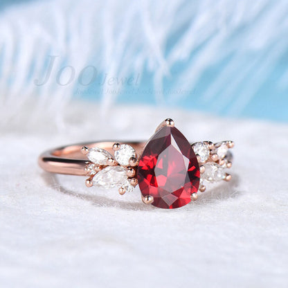1.25ct Pear Shaped Ruby Engagement Ring 10K Rose Gold Pink Tourmaline Cluster Wedding Ring Vintage Nature Inspired Moissanite Promise Rings